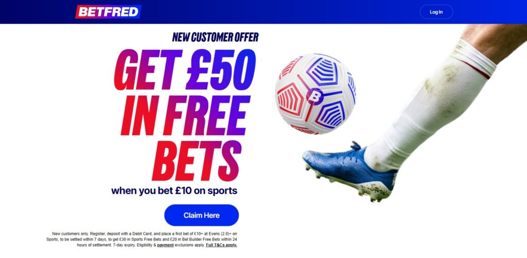 Banner showing Betfred's 'Bet £10, Get £50' sign up offer.