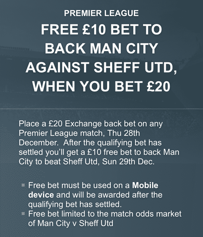 Banner showing the 'Bet £20, Get £10' Premier League offer from Betfair