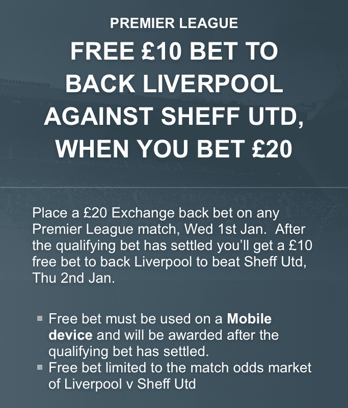 Banner showing the Premier League 'Bet £20, Get £10' offer from Betfair