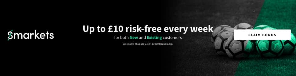 Banner showing the £10 Risk-Free Every Week offer from Smarkets