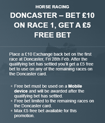 Banner showing the Betfair Exchange offer on the 14:00 at Doncaster