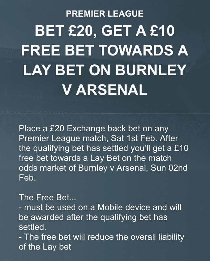 Banner showing the Premier League 'Bet £20, Get £10' Betfair Exchange offer