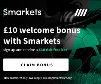 Banner showing the £10 welcome bonus offer from Smarkets