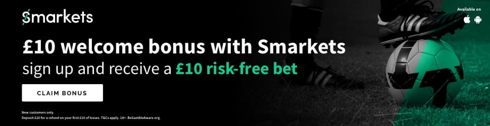 Banner showing the '£10 bonus' sign up offer from Smarkets.