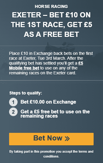 Banner showing the Betfair Exchange offer on the 14:00 at Exeter