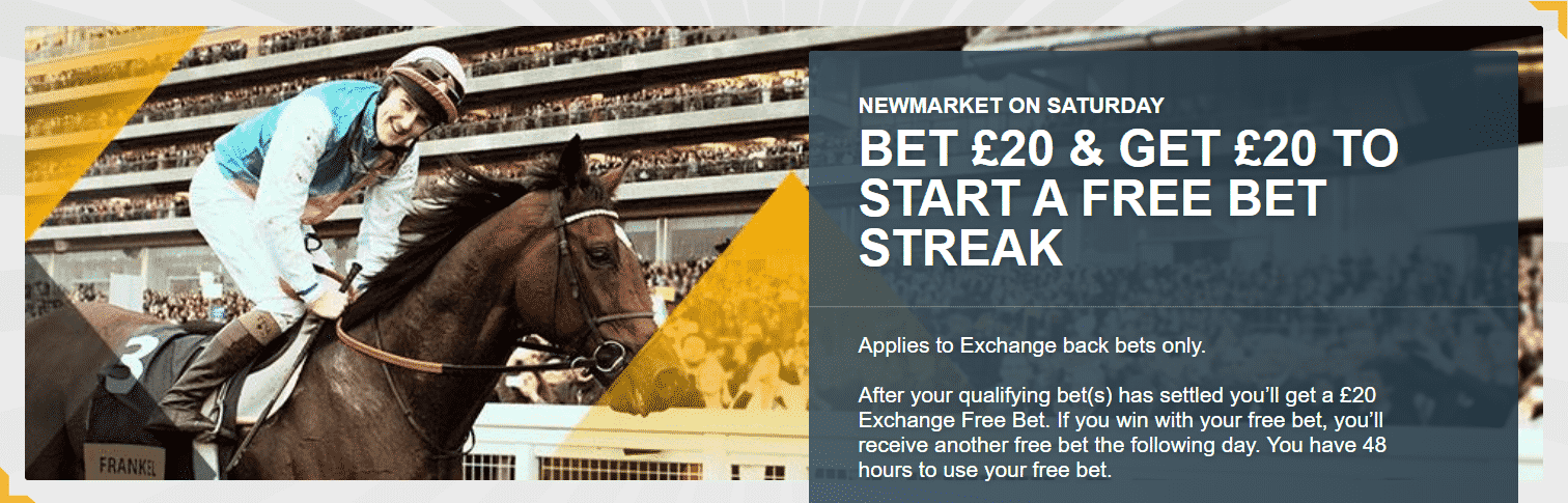 Banner showing the Betfair Exchange 'Bet & Get' offer on Newmarket