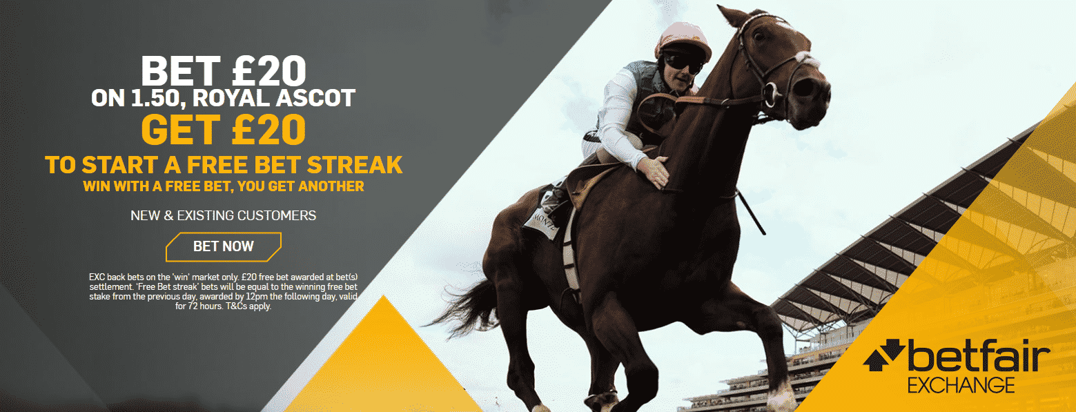 Banner showing the Betfair Exchange 'Bet & Get' offer on Day 1 of Royal Ascot 2020