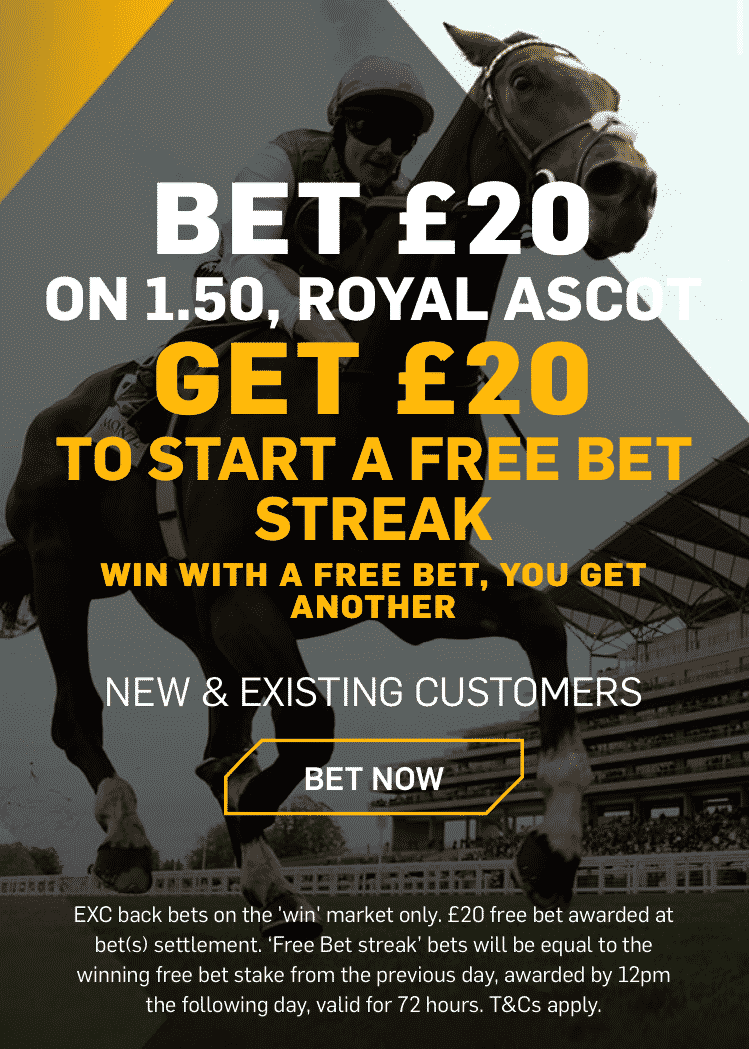 Banner showing the Betfair Exchange 'Bet & Get' offer on Day 1 of Royal Ascot 2020