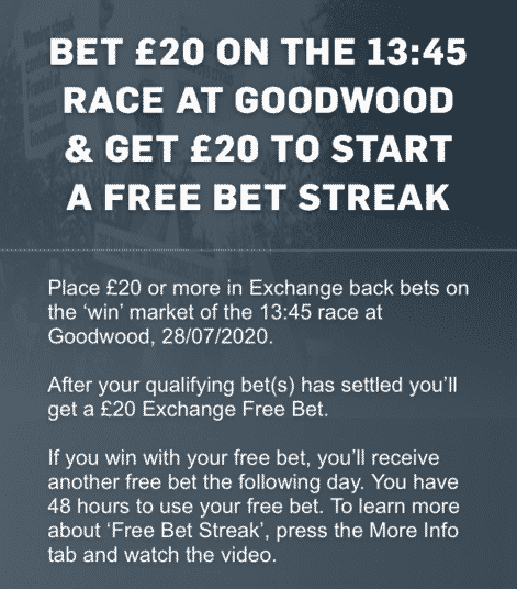 Banner showing the Betfair Exchange 'Bet & Get' offer on Day 1 of the Goodwood Festival 2020