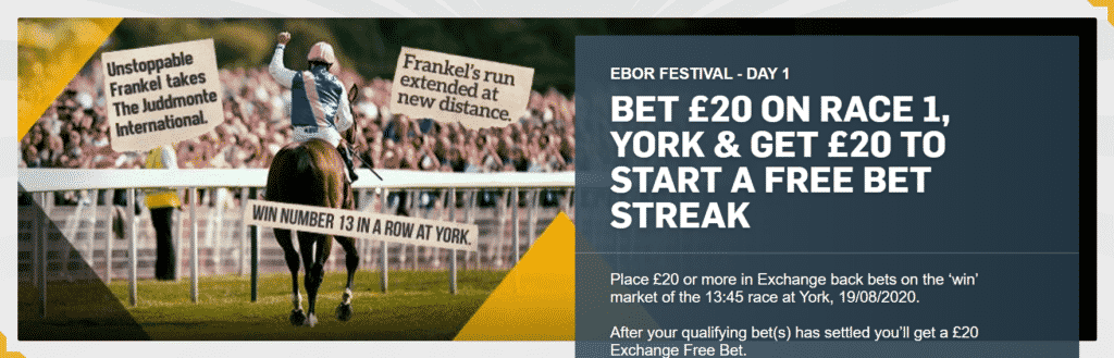 Banner showing the Yorkshire Ebor Festival 2020 Betfair Exchange offer.