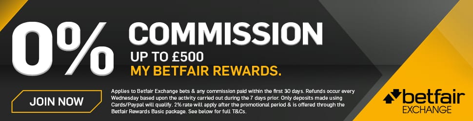 Banner showing the zero commission sign up offer from Betfair.