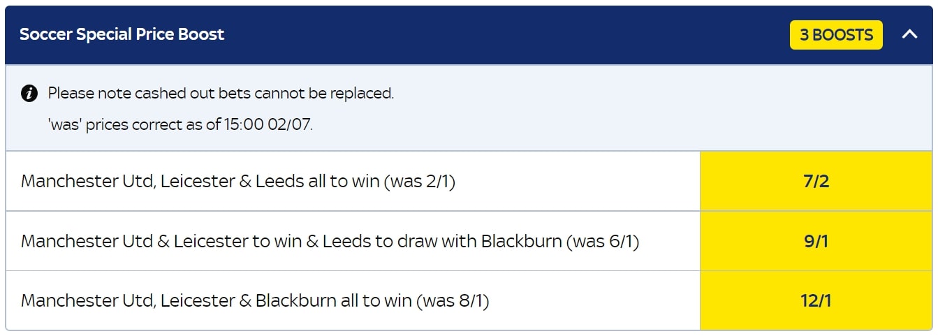 Sky Bet Soccer Saturday Price Boosts featuring Man Utd, Leicester and Leeds.
