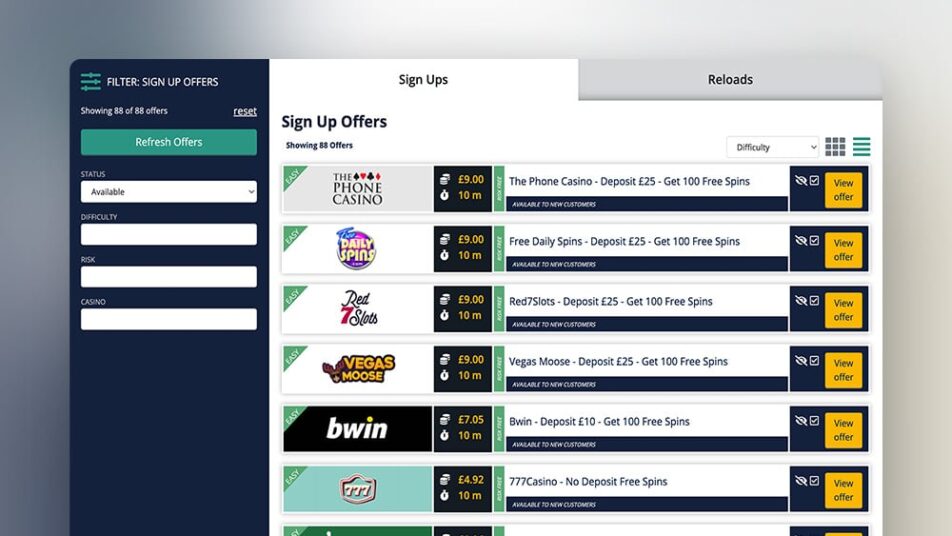 A screenshot of OddsMonkey's casino welcome offers.