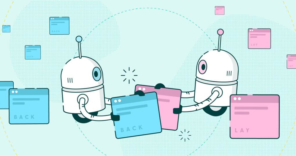 An illustration to demonstrate an odds matcher tool. Two robots are putting together a back and lay bet as a pair.