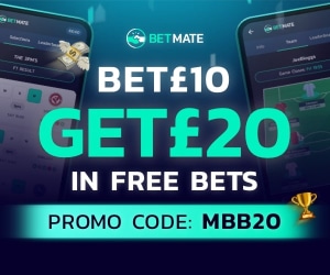 A banner for Betmate reading 'Bet £10, Get £20 in free bets. Use Promo Code: MBB20'.