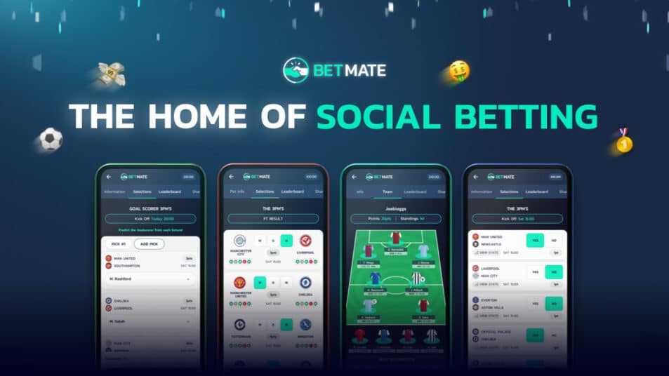 A selection of Betmate app screenshots on mobile phones with the heading 'The Home of Social Betting'.